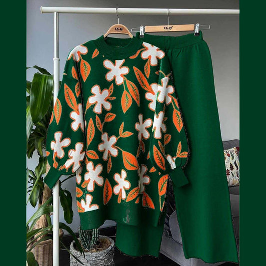 Green Flower Printed Premium Quality Winter 2-Pcs Tracksuit For Her. WWTS-01
