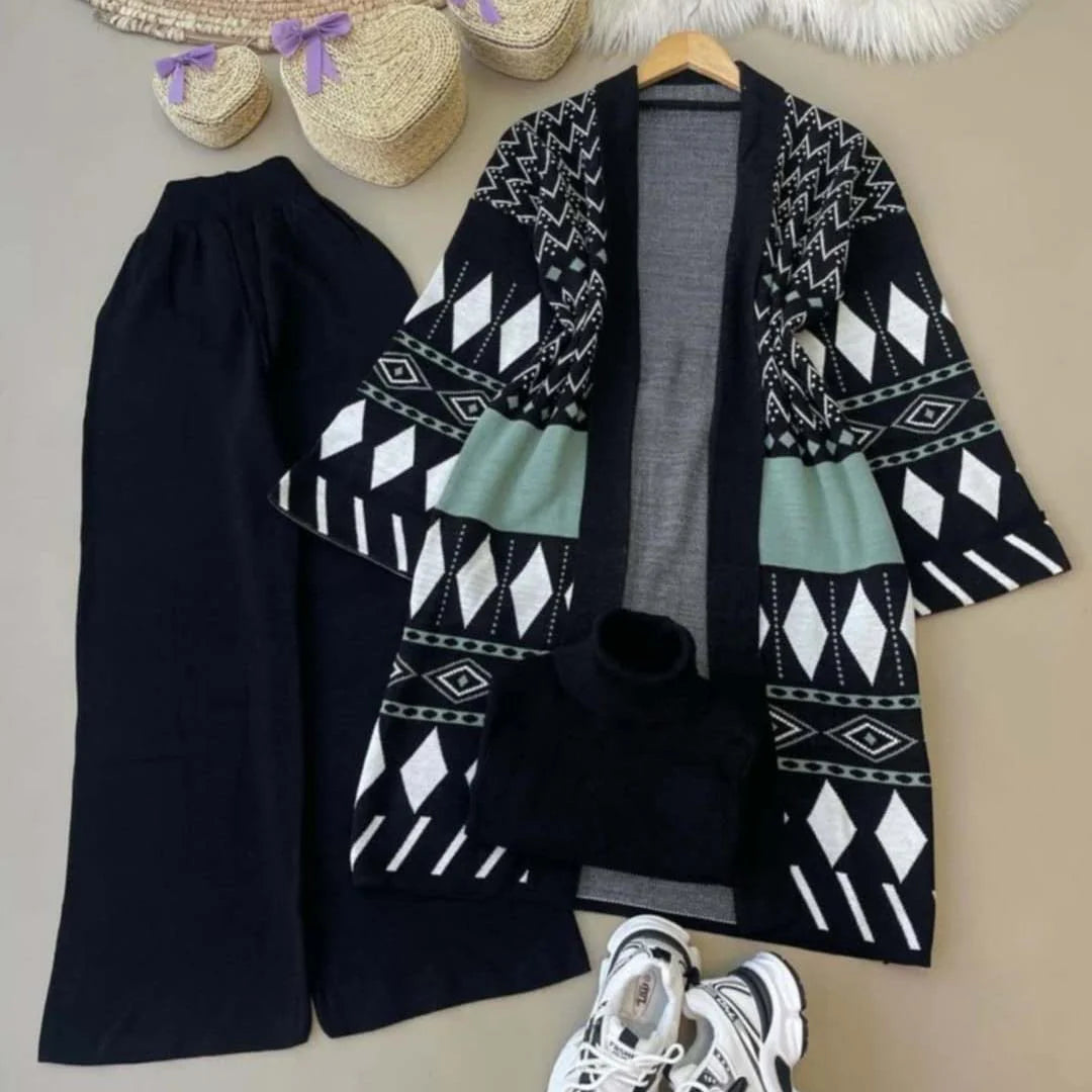 Long Printed Gown Style 3-Pcs Winter Co-Ord Suit. TS-27