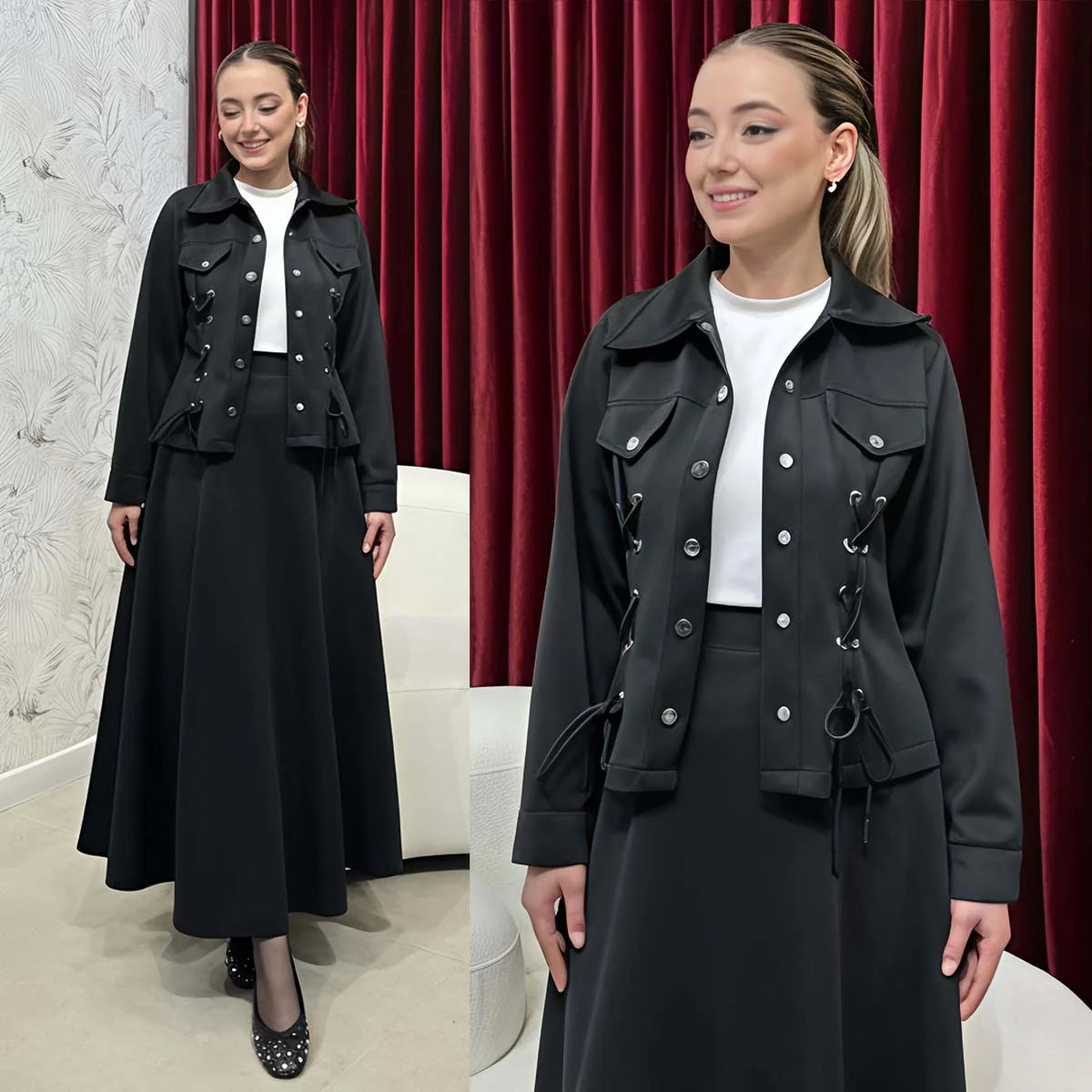 Flap-Ailet Short Jacket Skirt Style 2-Pcs Winter Co-Ord Set. TS-43